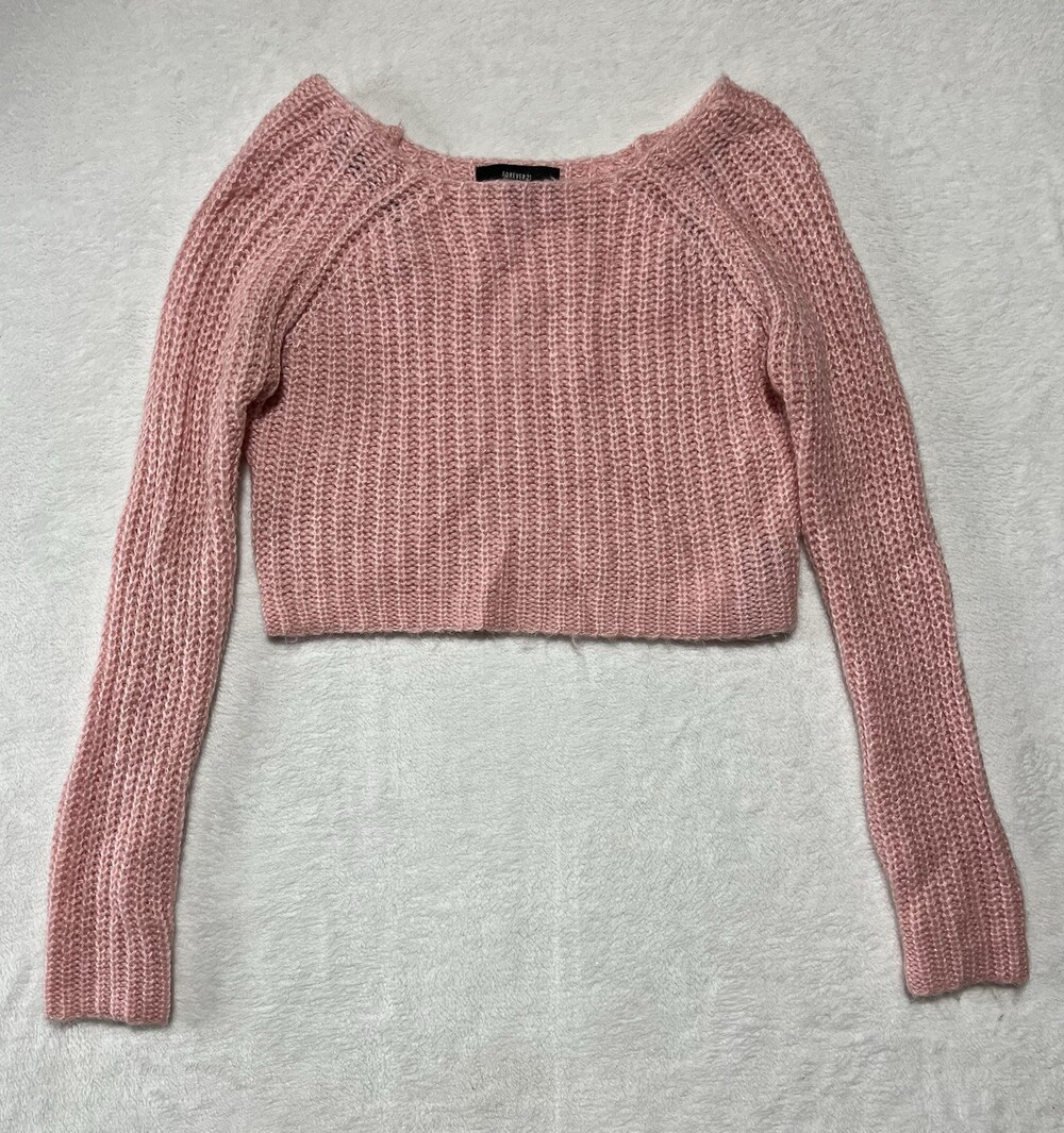 Forever 21 Sweater Womens Large Pink Long Sleeve Cropped Wide Neck